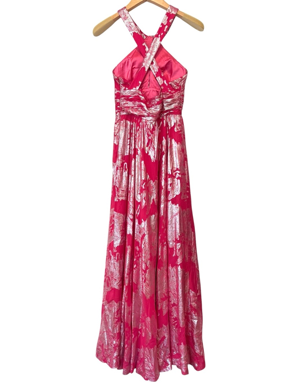 Aidan Mattox Pink Silk Silver Metallic Halter Gown Size 4 - Picture 3 of 10